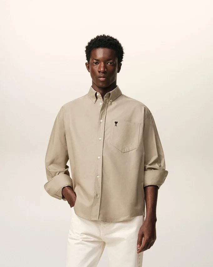 Beige Cotton Boxy Embroidered Ami De Coeur Shirt Beige Cotton Boxy Embroidered Ami De Coeur Shirt