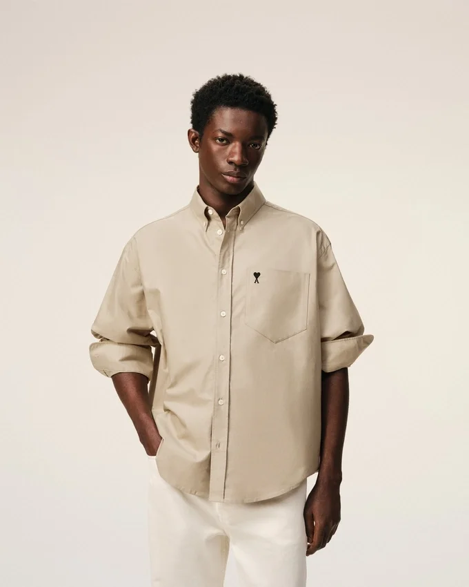 Beige Cotton Boxy Embroidered Ami De Coeur Shirt Beige Cotton Boxy Embroidered Ami De Coeur Shirt