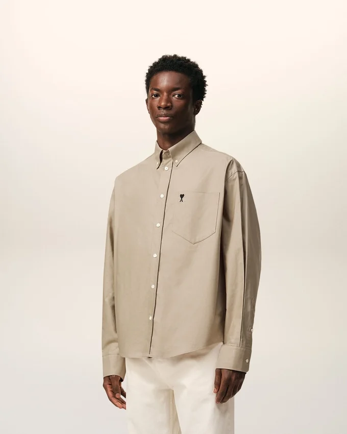 Beige Cotton Boxy Embroidered Ami De Coeur Shirt Beige Cotton Boxy Embroidered Ami De Coeur Shirt