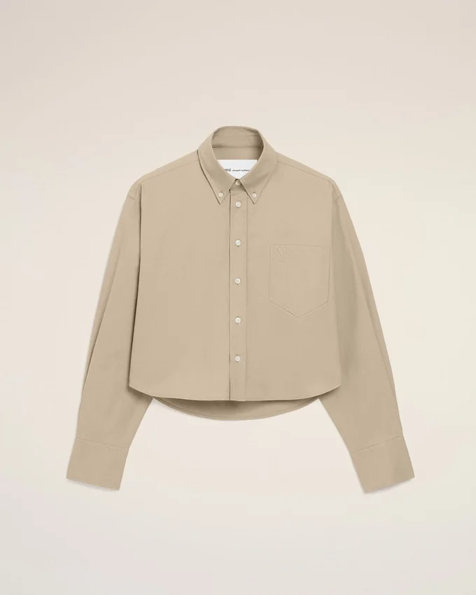 Beige Cotton Cropped Embossed Ami De Coeur Shirt Beige Cotton Cropped Embossed Ami De Coeur Shirt