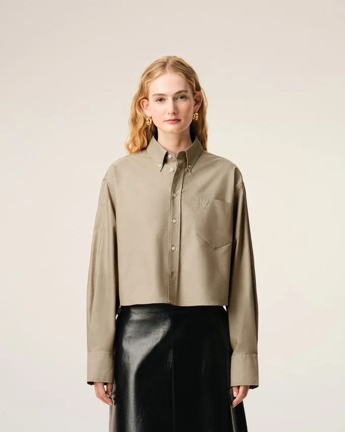 Beige Cotton Cropped Embossed Ami De Coeur Shirt Beige Cotton Cropped Embossed Ami De Coeur Shirt