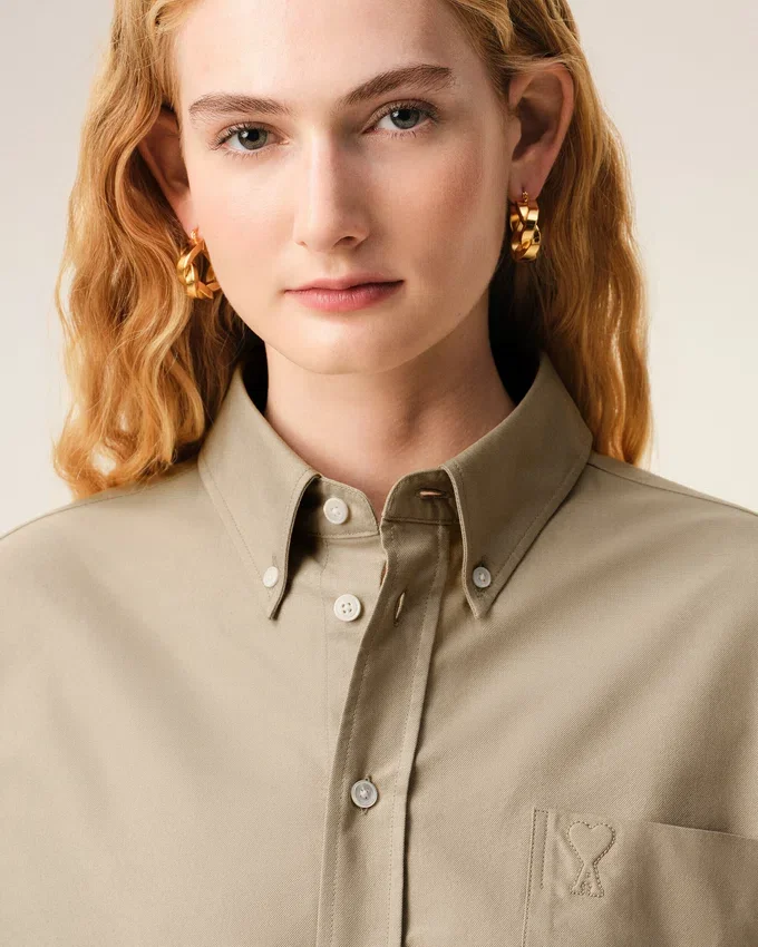 Beige Cotton Cropped Embossed Ami De Coeur Shirt Beige Cotton Cropped Embossed Ami De Coeur Shirt