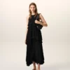 Black Blended Silk Long Dress with Ruffles Black Blended Silk Long Dress with Ruffles