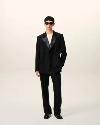Black New Wool Double Breasted Straight Smocking Jacket