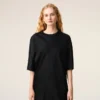 Black Satin Short Sleeves Rib Detail T-Shirt