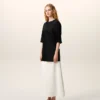 Black Satin Short Sleeves Rib Detail T-Shirt