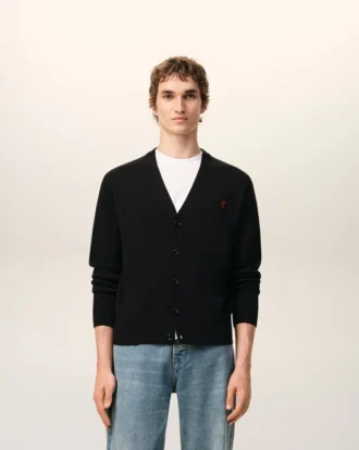 Black Wool Cardigan with Contrasted Ami De Coeur