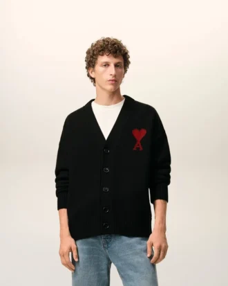 Black Wool Cardigan with Contrasted Ami De Coeur
