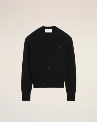 Black Wool Crewneck Cardigan with Contrasted Ami De Coeur