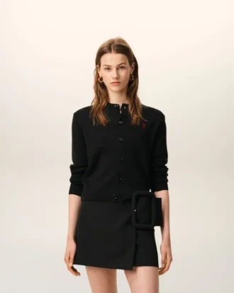 Black Wool Crewneck Cardigan with Contrasted Ami De Coeur