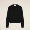 Black Wool Crewneck Sweater with Contrasted Ami De Coeur Black Wool Crewneck Sweater with Contrasted Ami De Coeur