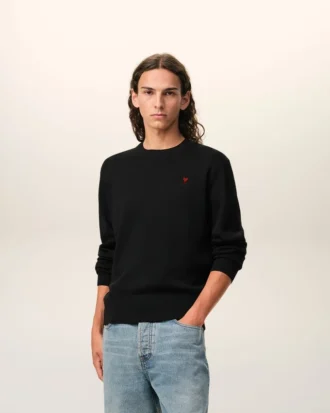 black wool crewneck sweater with contrasted ami de coeur 2 2 330x413 - Black Wool Crewneck Sweater with Contrasted Ami De Coeur
