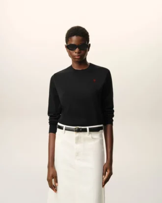 Black Wool Crewneck Sweater with Contrasted Ami De Coeur Black Wool Crewneck Sweater with Contrasted Ami De Coeur