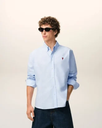 Blue Cotton Classic Long Sleeve Shirt Button Down Collar with Embroidered Adc