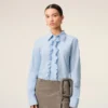 Blue Cotton Long Sleeve Ruffled Adjusted Shirt