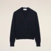 Blue Wool Cardigan with Contrasted Ami De Coeur