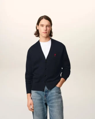 Blue Wool Cardigan with Contrasted Ami De Coeur