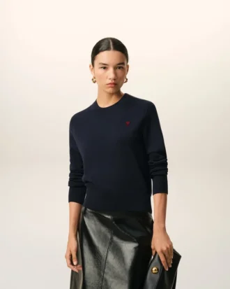 Blue Wool Crewneck Sweater with Contrasted Ami De Coeur