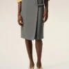 Grey New Wool Big Buckle Belted Midi Skirt