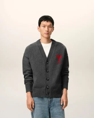 Grey Wool Cardigan with Contrasted Ami De Coeur