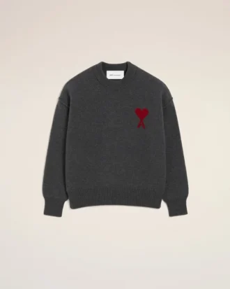 Grey Wool Crewneck Sweater with Contrasted Ami De Coeur