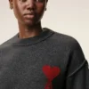 Grey Wool Crewneck Sweater with Contrasted Ami De Coeur Grey Wool Crewneck Sweater with Contrasted Ami De Coeur
