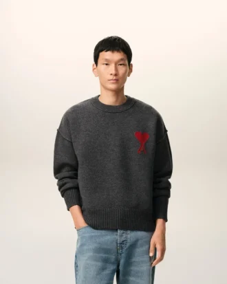 Grey Wool Crewneck Sweater with Contrasted Ami De Coeur