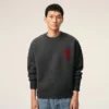 Grey Wool Crewneck Sweater with Contrasted Ami De Coeur Grey Wool Crewneck Sweater with Contrasted Ami De Coeur