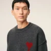 Grey Wool Crewneck Sweater with Contrasted Ami De Coeur Grey Wool Crewneck Sweater with Contrasted Ami De Coeur