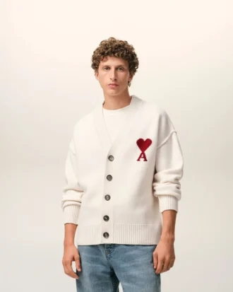 Natural Wool Cardigan with Contrasted Ami De Coeur
