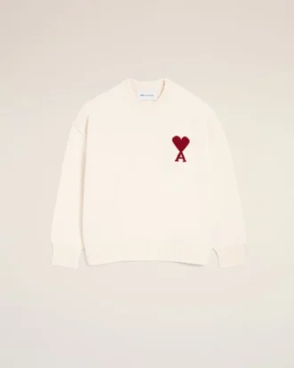 Natural Wool Crewneck Sweater with Contrasted Ami De Coeur