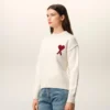 Natural Wool Crewneck Sweater with Contrasted Ami De Coeur