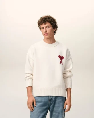 Natural Wool Crewneck Sweater with Contrasted Ami De Coeur