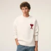 Natural Wool Crewneck Sweater with Contrasted Ami De Coeur
