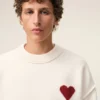 Natural Wool Crewneck Sweater with Contrasted Ami De Coeur