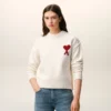 Natural Wool Crewneck Sweater with Contrasted Ami De Coeur