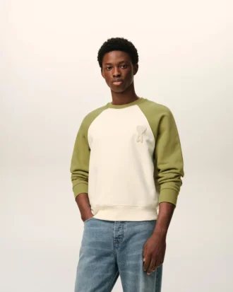 White and Green Cotton Knitted Ami De Coeur Sweatshirt