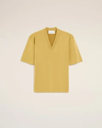 Yellow Wool Short Sleeves V Neck Sweater
